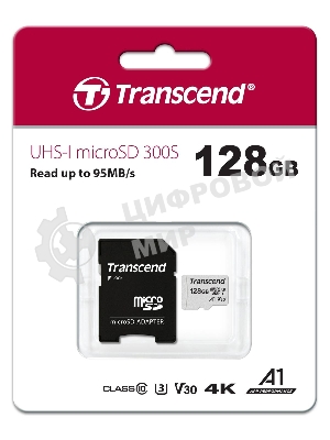 Флеш карта Transcend Micro SecureDigital 128Gb MicroSDXC Class 10 UHS-I U3, SD adapter(TS128GUSD300S-A)