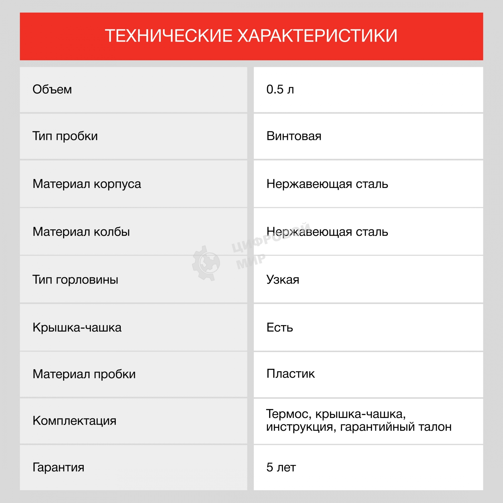 Термос для напитков Starwind 10-500 0.5 л, серебристый/красный, картонная коробка