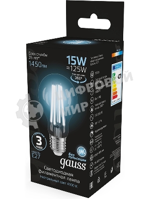 Лампа светодиодная Gauss Filament 102902215 15Вт цок.: E27 груша 220B св. свеч. бел. нейт. (упак.: 10 шт)
