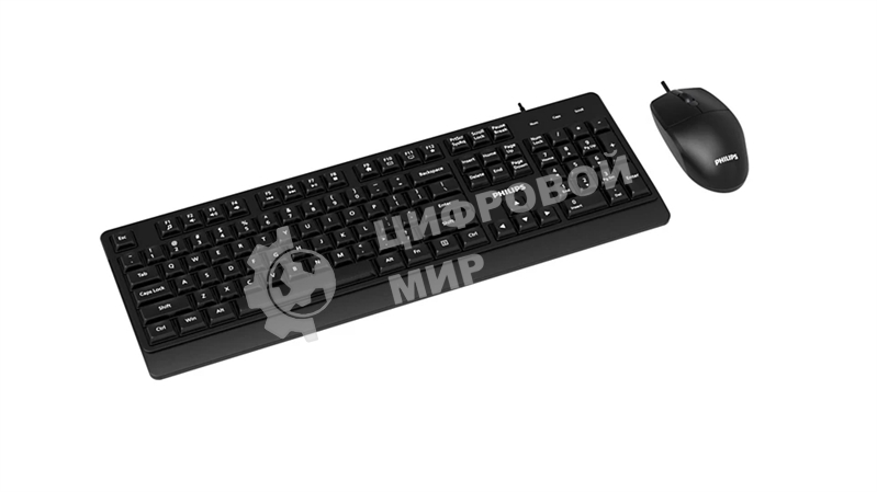 Комплект клавиатура + мышь проводной комплект Philips SPT6324, USB 2.0 104 клав/3 кнопки, 1200dpi, русская заводская раскладка, черный