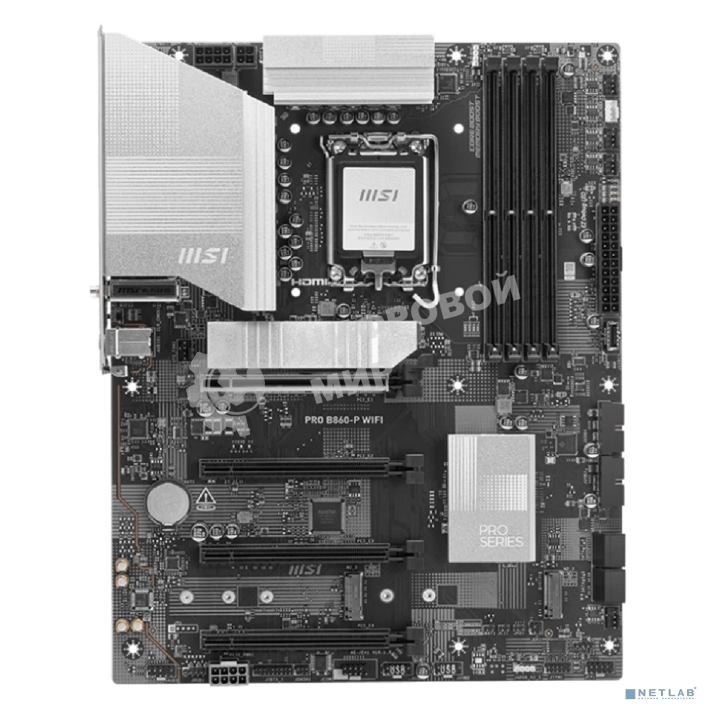 Материнская плата MSI PRO B860-P WIFI, LGA 1851, Intel B860, 4xDDR5, 4xSATA, 3xM.2, 1xPCIe 5.0 x16, 1xPCIe 4.0 x4, 2xPCIe 4.0 x1, 1xHDMI, 1xDP, 1xUSB-C, 1x 5Gb LAN, 2xUSB-A 3.2 Gen 2, 2xUSB-A 3.2 Gen 1, 4xUSB-A 2.0, 3x3.5 мм, 7.1, Wi-Fi 7, ATX