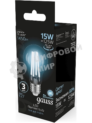Лампа светодиодная Gauss Filament 102902215 15Вт цок.: E27 груша 220B св. свеч. бел. нейт. (упак.: 10 шт)