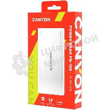Портативный аккумулятор CANYON PB-108 Power bank 10000mAh Li-poly battery, Input 5V/2A, Output 5V/2.1A(Max), 140*68*16mm, 0.230Kg, White