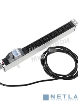 Блок силовых розеток Rem Rem-16, IEC 60320 С19 х 6, вход Schuko, шнур 3 м, 45х484х45 мм (ВхШхГ), 16А, автомат