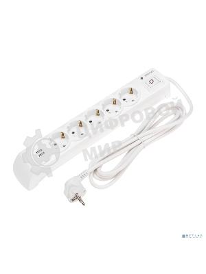 Сетевой фильтр 5 гнезд, 3м, 3х1,5мм², с автовыкл, 2 USB, белый Kranz