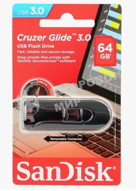 Флешка USB Sandisk CZ600 Cruzer Glide (SDCZ600-064G-G35), 64Gb, USB 3.0, R/W 10/20, черный