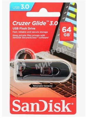 Флешка USB Sandisk CZ600 Cruzer Glide (SDCZ600-064G-G35), 64Gb, USB 3.0, R/W 10/20, черный