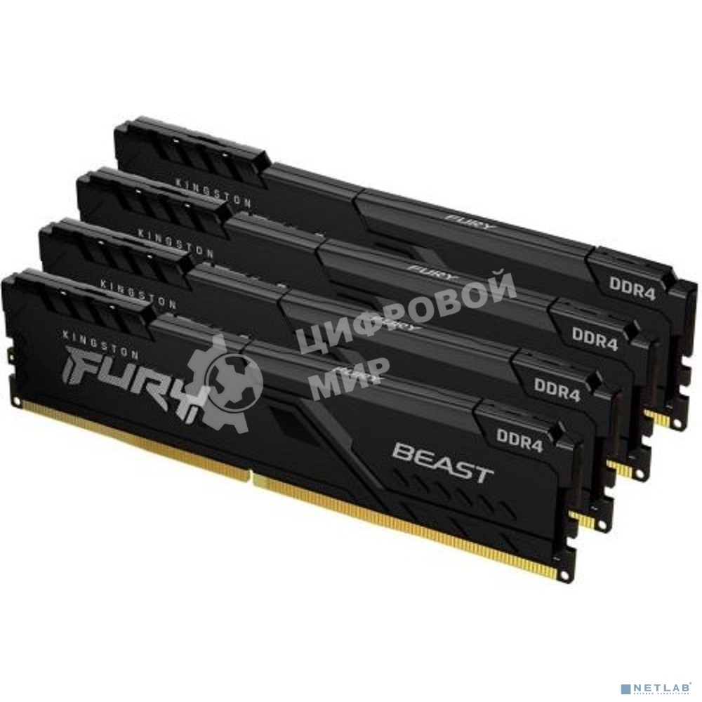 Оперативная память Kingston Fury Beast, DDR4, 64GB (4x16GB), 3600MHz, CL18, DIMM, радиатор, черный