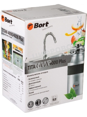 Измельчитель пищевых отходов Bort TITAN 4000 390 Вт; 4,2 кг/мин; 2800 об/мин; 1200 мл; Металл; набор аксессуаров 4 шт [91275769]