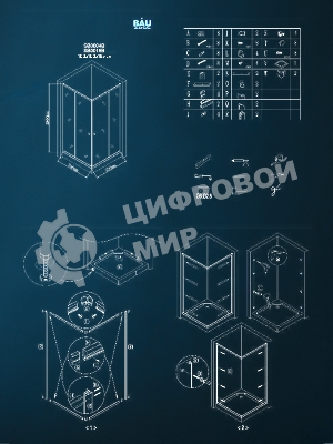 Душевой уголок BAU Stil квадратный с поддоном 100x100х195, прозрачное закаленное стекло с черным рис