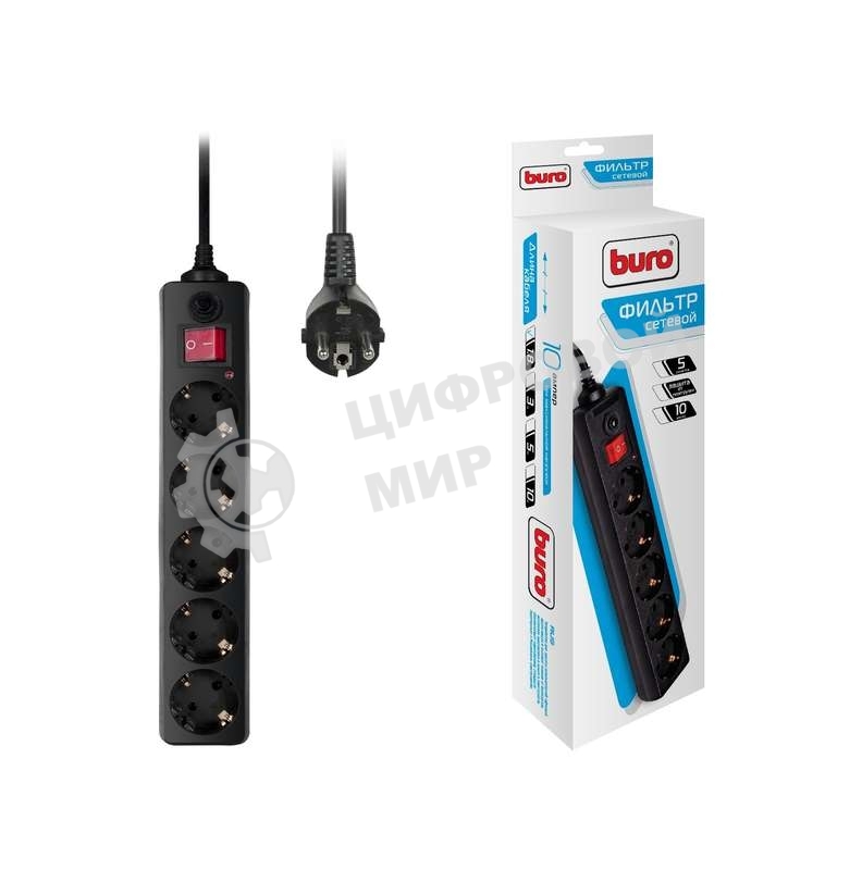 Сетевой фильтр Buro 500SH-1.8-B 1.8 м, 5 розеток, черный, коробка