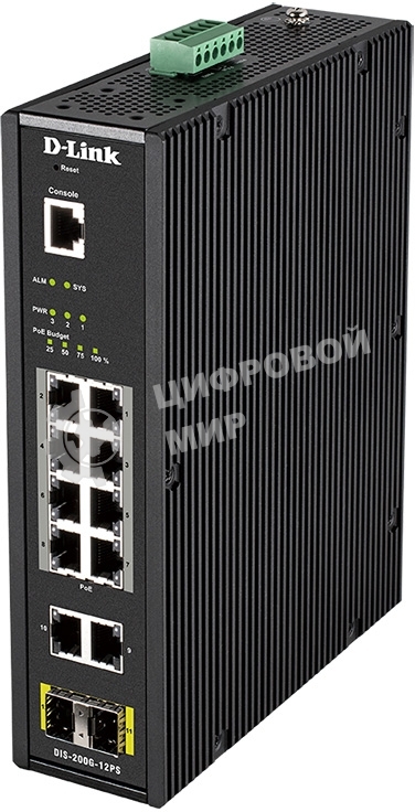 Коммутатор промышленный управляемый D-Link DIS-200G-12PS/A2A 2 уровня с 10 портами 10/100/1000Base-T и 2 портами 1000Base-X SFP (8 портов с поддержкой PoE 802.3af/802.3at (30 Вт), PoE-бюджет до 240Вт)