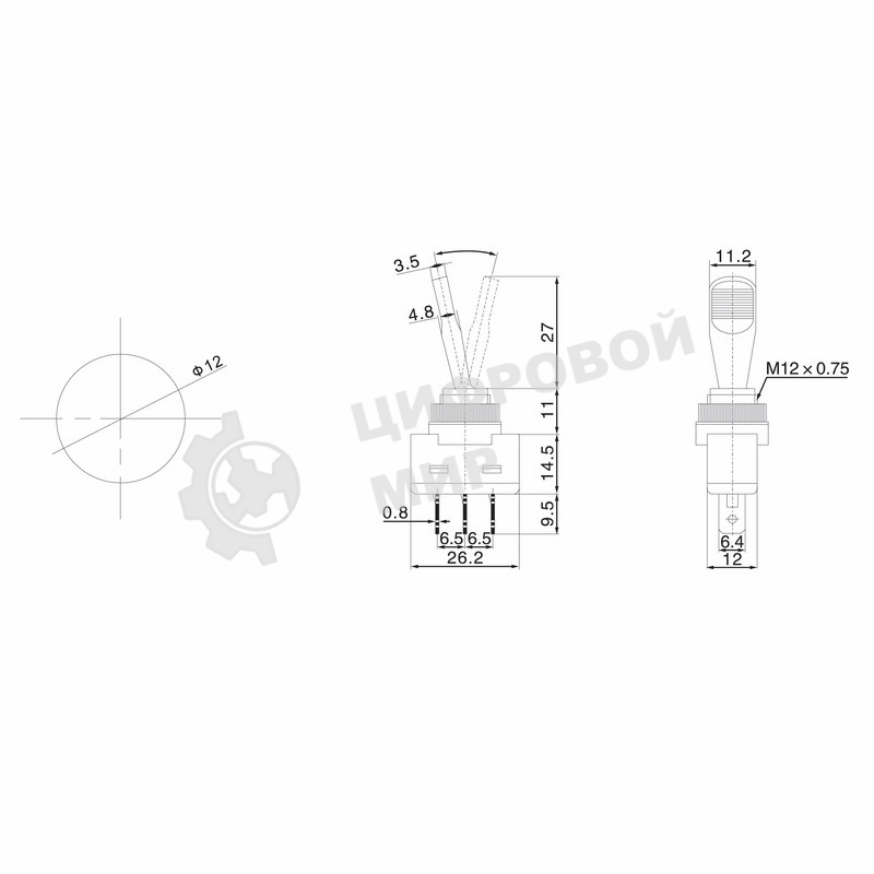 Тумблер Rexant 12V 20А (3c) ON-OFF однополюсный с зеленой подсветкой