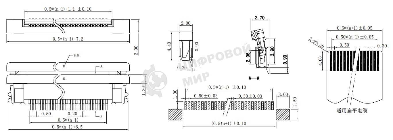 Разъем FPC Half Coverage Bottom Contact 1.0K-BX-36PWB 36 pin высота 2мм шаг 1мм