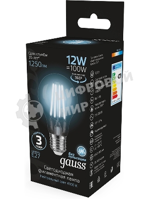 Лампа cветодиодная Gauss Filament А60 12W 1250lm 4100К Е27 LED 1/10/40