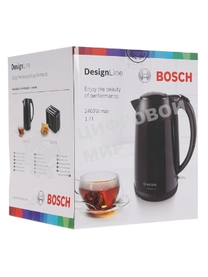 Электрочайник Bosch TWK3P423 черный, 1.7 л, 2400 Вт, скрытый нагревательный элемент