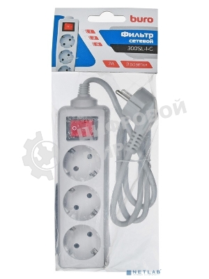 Сетевой фильтр Buro 300SL-1-G 1м, 3 розетки, серый (пакет ПЭ)