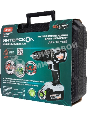 Дрель-шуруповерт ИНТЕРСКОЛ ДАУ-13/18В, 18 В, 4 Ач, 60 Нм, бесщеточный, ударный