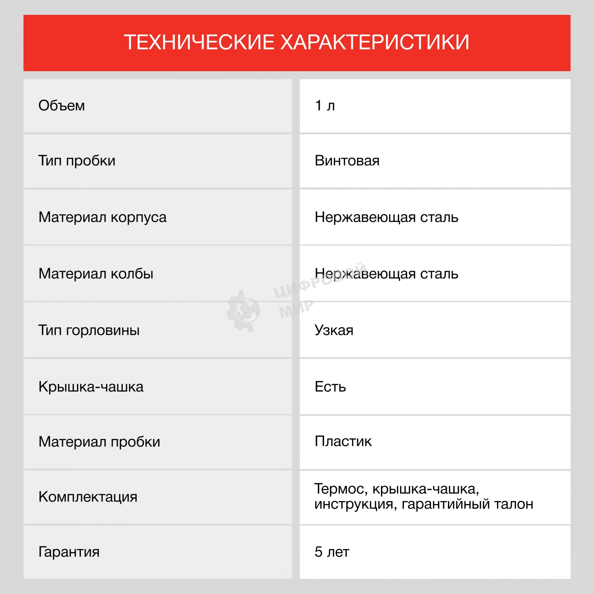 Термос Starwind 10-1000 1 л. серебристый/красный, картонная коробка