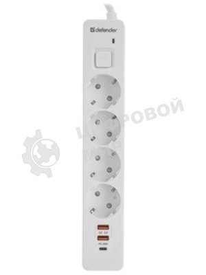 Удлинитель с сетевым фильтром Defender DFS 141, белый, 4розетки, USB+TypeC, 1.5 м.