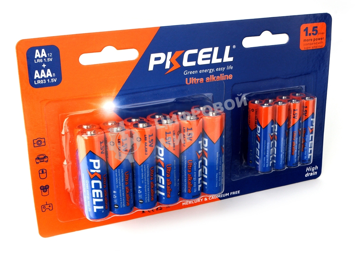 Щелочной/алкалиновый элемент питания PKCELL LR6(12)+LR03(8) тип - AAА 8 шт + АА 12 шт в блистере