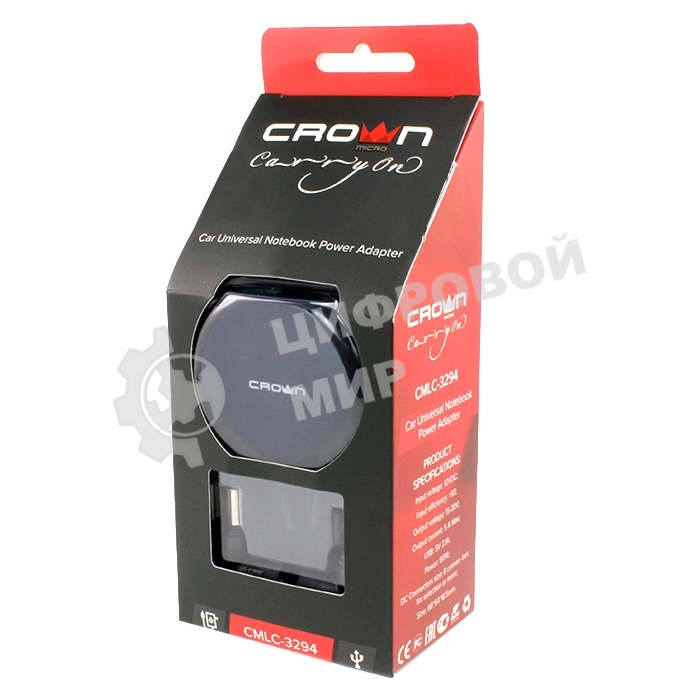 Зарядное устройство для ноутбука CROWN USB CMLC-3294 черный (Автомобильное 12V, 90W 15-20V, порт USB 5V 2.1A)