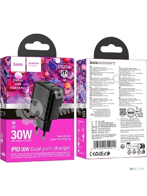 Сетевое зарядное устройство Hoco 30Вт, 3А, QC3.0/PD, 1хUSB, 1хType-C, CS23A, черный, коробка