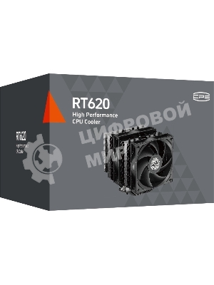 Кулер для процессора PCCooler RT620 BK (250W, 4-pin PWM, 157mm, Al/Cu, 6x6mm, 2x120mm, 73.32CFM, 34.9dBA, 2200RPM, S: 1851/1700/1200/115X, AM5/AM4, black)
