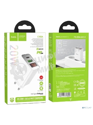 Сетевое зарядное устройство с дисплеем Hoco 18Вт, 3А, QC3.0/PD, 1хUSB, 1хType-C, C100A, белый, коробка
