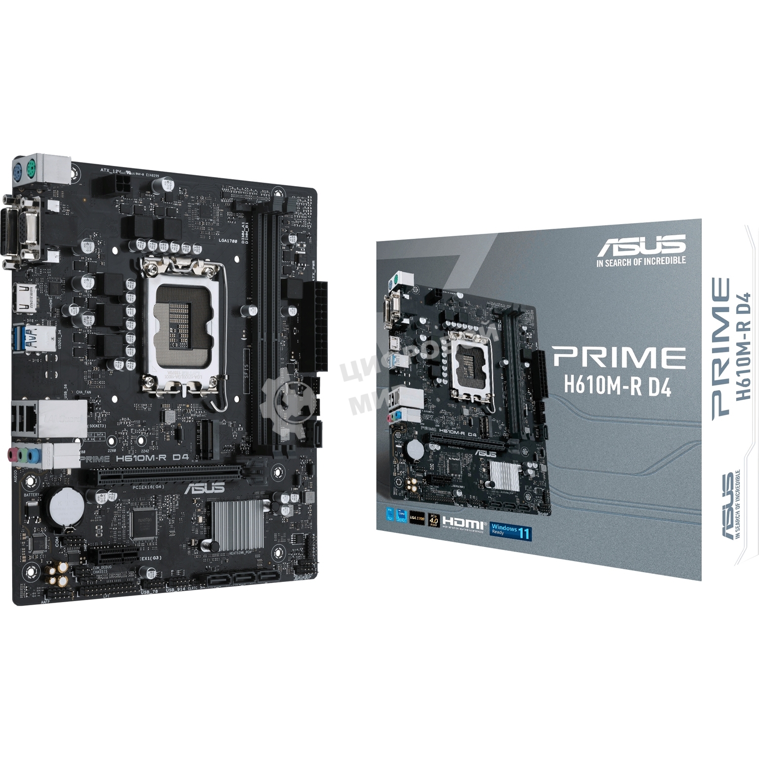 Материнская плата ASUS PRIME H610M-R D4-SI, LGA 1700, Intel H610, 2xDDR4, 4xSATA, 1xM.2 PCIe 3.0 x4, 1xPCIe 4.0 x16, 1xPCIe x1, 1xHDMI, 1xDVI, 1xVGA, 2xUSB-A 2.0, 2xUSB-A 3.2 Gen 1, 1x 1Gb LAN, 3x3.5 мм, 7.1, mATX
