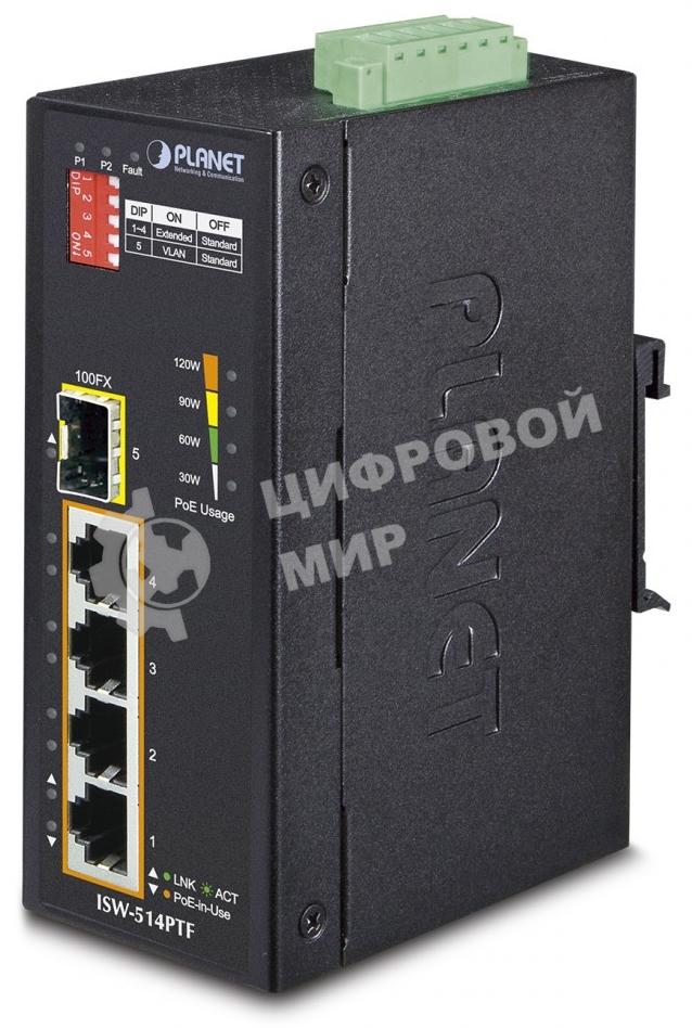 Индустриальный PoE коммутатор Planet ISW-514PTF для монтажа в DIN-рейку IP30 4-Port/TP + 1-Port Fiber(SFP) POE Industrial Fast Ethernet Switch (-40 to 75 C)