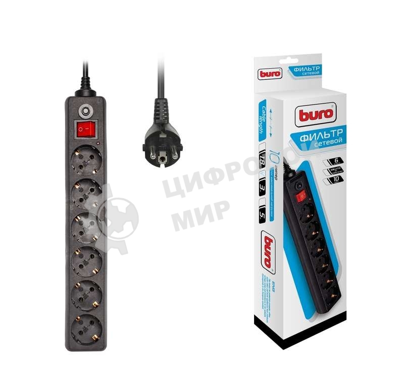 Сетевой фильтр Buro 600SH-3-B 3 м, 6 розеток, черный, коробка