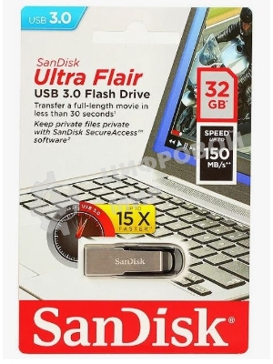 Флешка USB Sandisk CZ73 Cruzer Ultra Flair (SDCZ73-032G-G46), 32Gb, USB 3.0, R/W 150/45, серебристый/черный