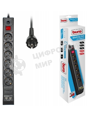 Сетевой фильтр Buro BU-SP1.8 USB 2A-B 1.8м (6 розеток) черный (коробка)