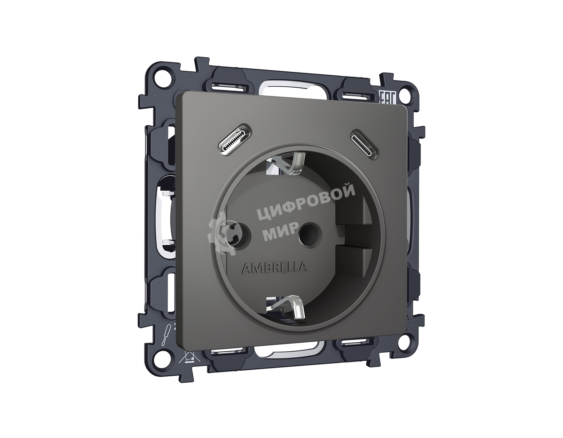 Комплект механизма электрической розетки 2USB С+C 20W с/з на винтовых зажимах 16A-250V ALFA Антрацит серый QUANT (AP6605, VM165) MA660510