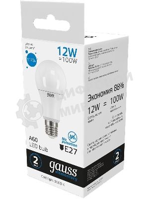 Лампа светодиодная Gauss Elementary 12Вт цок.: E27 груша 220B 6500K св. свеч. бел. хол. A60 (упак.: 10 шт) (23232)