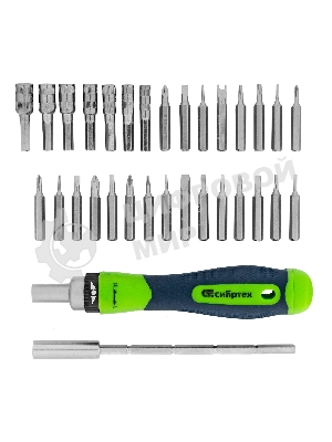 Отвертка реверсивная Сибртех для точных работ с набором бит и торцевых головок, 32 предметов, CrV