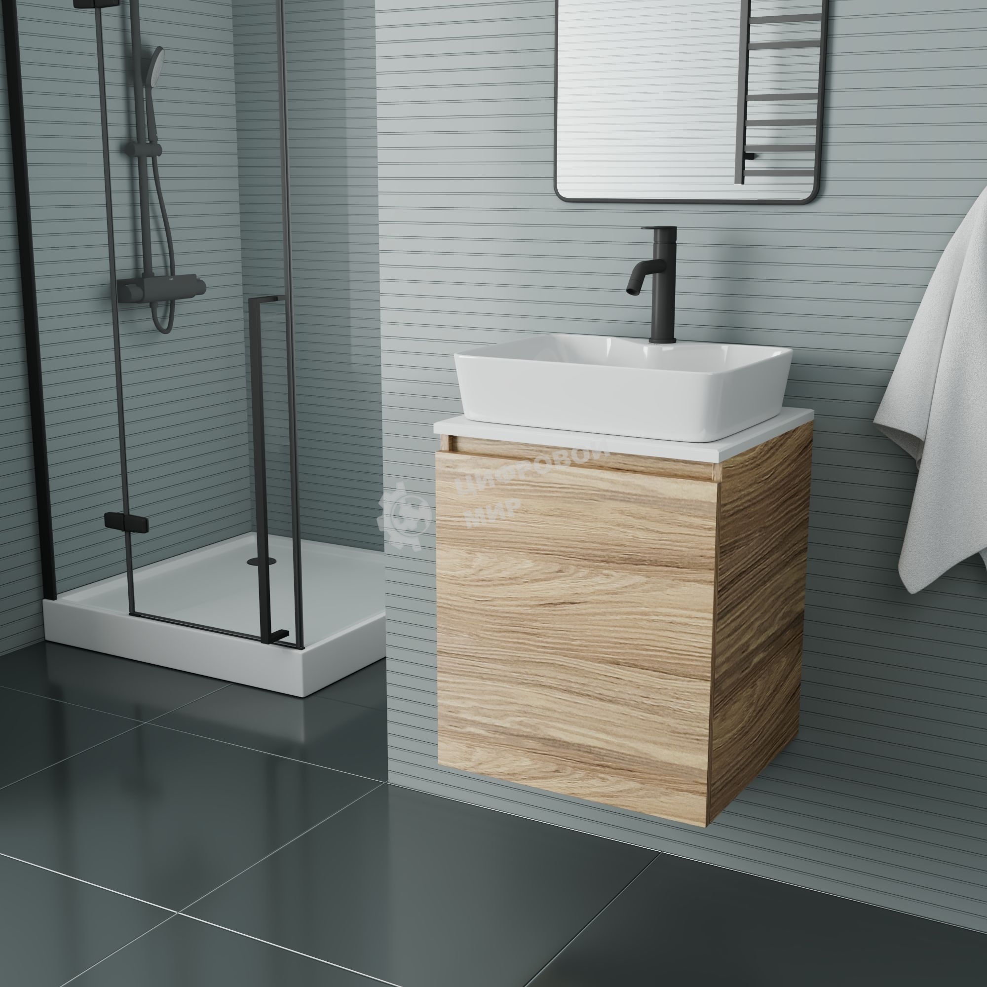 Тумба Bau Dream Blackwood 50 с дверцей, раковина BAU Cerama 48х37 белая, смеситель Hotel Dream Black, нерж. сталь, черный