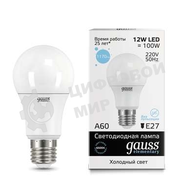 Лампа светодиодная LED Gauss Elementary A60 12Вт E27 6500К