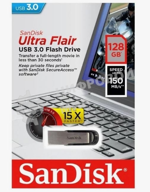 Флешка USB Sandisk CZ73 Cruzer Ultra Flair (SDCZ73-128G-G46), 128Gb, USB 3.0, R/W 150/45, серебристый/черный