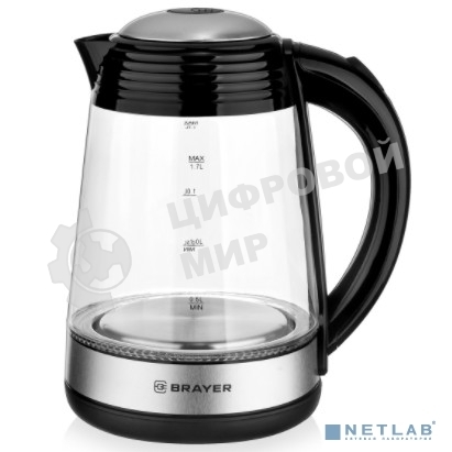 Чайник электрический BRAYER BR1012 2200 Вт, 1.7 л, высококач.стекло, подсвет, автоотключ при закипании