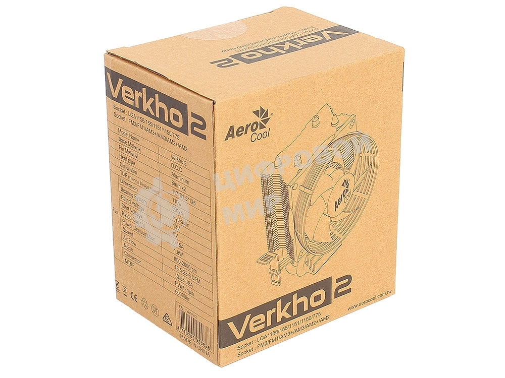 Кулер для процессора AeroCool/Formula Verkho 2 серебристый, 90 мм, алюминий/медь, 2000 об/мин, 25 дБ, 4 pin, 110 Вт, 125 мм