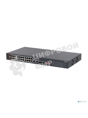 Коммутатор неуправляемый 24-портовый DAHUA DH-S3226-24ET-240 с РоЕ, 24xRJ45 100Mb PoE, 2хКомбо SFP/RJ45 1Gb uplink, суммарно 240Вт, коммутация 8.8 Гбит/с, MAC-таблица 8К
