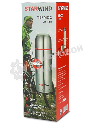 Термос Starwind 20-1000 1 л, серебристый/красный, картонная коробка