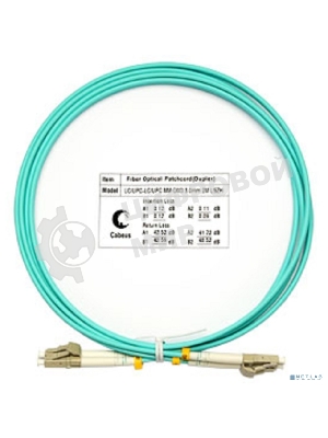 Коммутационный шнур оптический Cabeus Tight Buffer, Duplex LC/LC, OM3 50/125, LSZH, 2м, d= 3мм, серый хвостовик, аква