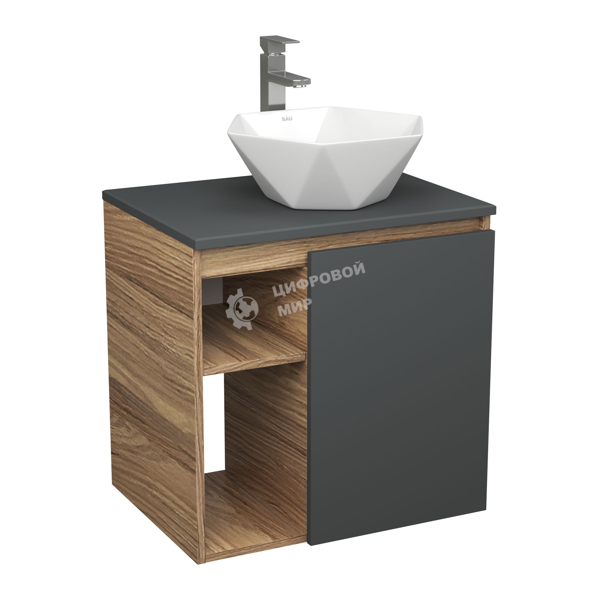 Тумба Bau Dream Blackwood 60 правая, графит, раковина BAU Crystal 40х40, смеситель для раковины высокий Hotel Still, нержавеющая сталь