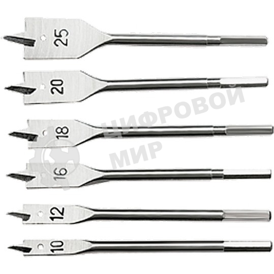 Набор сверл перовых по дереву Sparta 10-12-16-18-20-25 мм, 6 шт. 6-гранный хвостовик