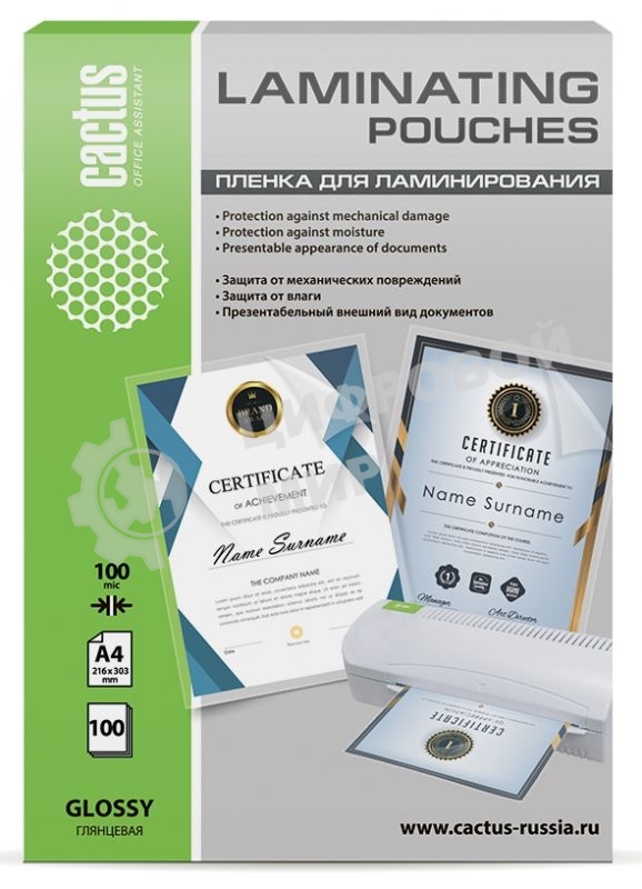 Пленка для ламинирования Cactus 100мкм A4 (100 шт) глянцевая 216x303 мм CS-LPGA4100100