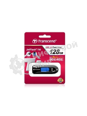 Флешка USB Transcend JetFlash 790 (TS128GJF790K), 128Gb, USB 3.0, R/W 90/40, черный/синий