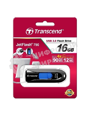 Флешка USB Transcend Jetflash 790 (TS16GJF790K), 16Gb, USB 3.0, R/W 90/12, черный